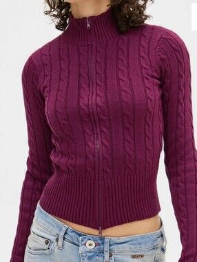 BDG Plum Cable-Knit Zip-Front Crew Sweater